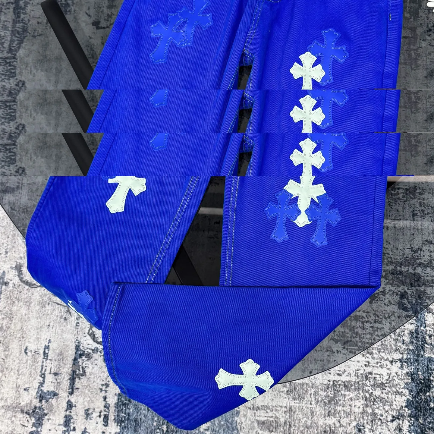 P260 Chrome hearts｜ch Chrome hearts London limited dopamine blue leather jeans, counter price 22W level, patchwork cross pattern embellishment, washed jeans! ! An absolutely high-end luxury product, a 1.9W-level god-level single product, a super popular product, made by top heavy industry, a magic weapon that cannot be missed! [About Zangyin] This is an extremely luxurious fashion brand that can also be called the aristocracy of the high street. It has always been an exclusive brand for some hipsters or rich second generations. Compared with ordinary high streets, it is more luxurious and noble. Compared with luxury brands, it is more fashionable and individual. It has always been a brand that I have a special liking for. [Top heavy industry fashion design] Consistently high-street luxury style. Speaking of this style, the Zangyin family and GU family are definitely the leading representative brands. Especially the Zangyin family has really achieved a state-of-the-art effect in creating high-street style. The unique washed material is used to create this style. The color system is already quite eye-catching. After it is decorated with patchwork cross flowers, it cleverly highlights the charm of the brand. Secondly, this style uses classic The high-waist cutting design highlights the long legs and fashionable temperament of the upper body. The brand is highly recognizable and the slim fit configuration is more suitable for daily wear. It is a product that interprets personality, fashion, and specifications at a glance. This single product is enough to make any fan excited. It can be a white T-shirt for a youthful college style, or a tight suspender for a royal style. It has strong matching ability and can be easily controlled by men.  [Materials and craftsmanship] Needless to say, this point goes without saying. As an excellent craftsman brand, Zangyin’s requirements for details and craftsmanship are really perfect. The washed color of this model has gone through so many processes, not to mention the embellishment of denim appliques. It is also purely hand-made and sewn. Just like what they believe in, only hand-made things have soul and have the meaning of wear. A top-notch heavy-duty fashionable denim item, I look forward to your perfect interpretation! !   Color: Dark blue Size: S-XL (28 30 32 34) Pants length: 101/103/105/107 Waist: 78/82/86/90 Recommended height: 170/175/180/185 Recommended weight: 120/140/160/180